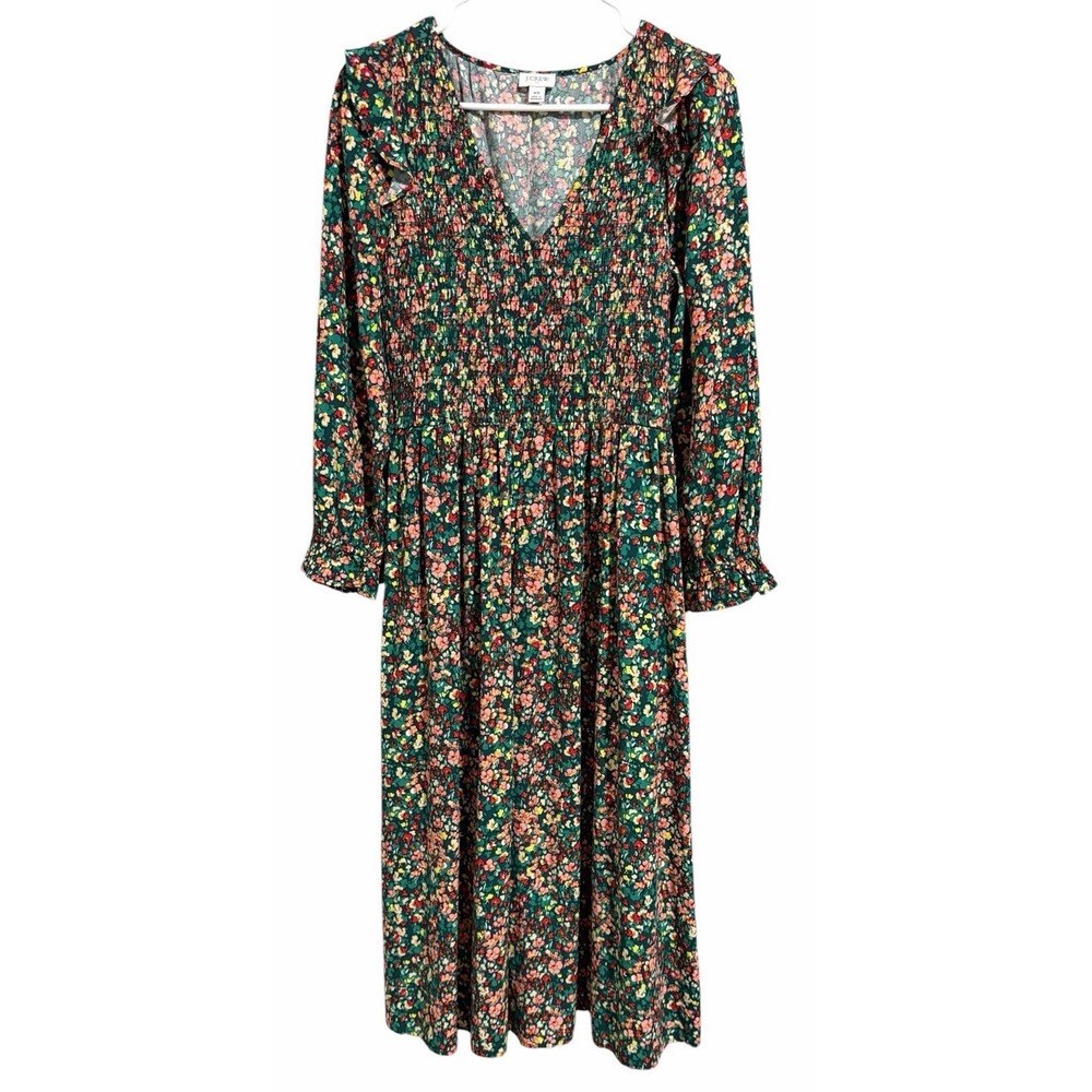 J.Crew V-neck Smocked Cottagecore Floral Green Midi Dress Pockets Womens Size XS